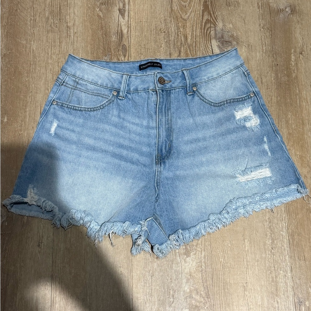 Blue Distressed Shorts with Frayed Hem